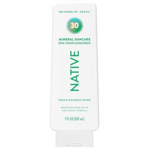Native Sunscreen Lotion Tropical Breeze Scent, SPF 30, 100% Mineral SPF for Face & Body Broad Spectrum UVA UVB for Men & Women, Suitable for Sensitive Skin & Hawaii Compliant, 7oz(Pear & Coconut Water)