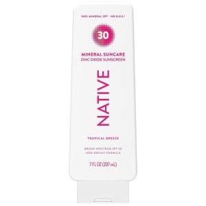 Native Sunscreen Lotion Tropical Breeze Scent, SPF 30, 100% Mineral SPF for Face & Body Broad Spectrum UVA UVB for Men & Women, Suitable for Sensitive Skin & Hawaii Compliant, 7oz(Tropical Breeze)