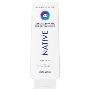 Native Sunscreen Lotion Tropical Breeze Scent, SPF 30, 100% Mineral SPF for Face & Body Broad Spectrum UVA UVB for Men & Women, Suitable for Sensitive Skin & Hawaii Compliant, 7oz(Unscented)