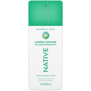 Native Sunscreen Pump Spray Pear & Coconut Water Scent, SPF 30, 100% Mineral SPF for Face & Body Broad Spectrum UVA UVB for Men & Women, 7oz(Pear & Coconut Water)